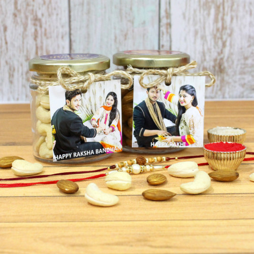Dryfruit Joy  - Almond in Personalized Jar, Cashew in Personalized Jar, 2 Rakhi, Free Greeting Card & Roli-Chawal