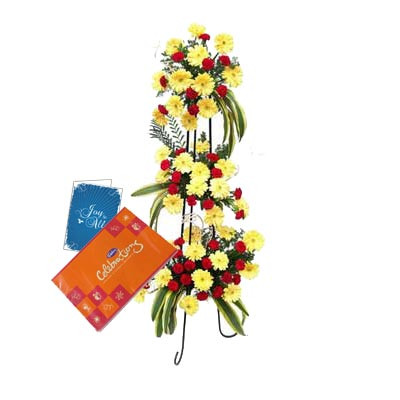 Happiness for You - 30 Yellow Gerberas + 40 Red Carnations + Cadbury Celebration 162 gms + Card
