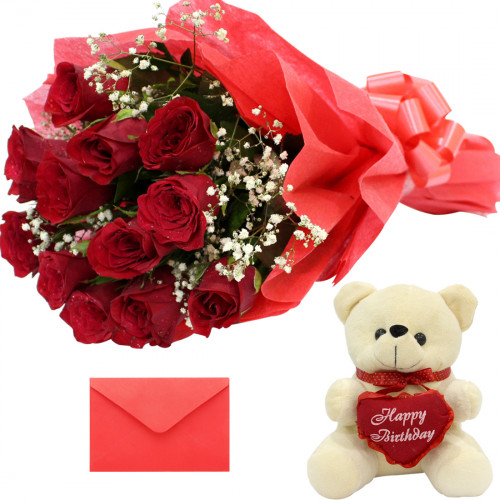 Love Gift - 12 Red Roses + Heart Soft Toy 8" + Card