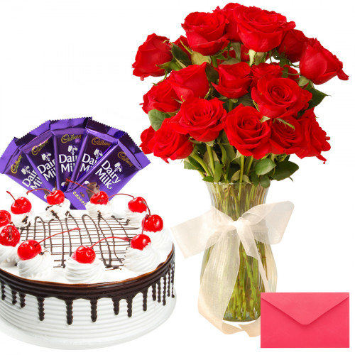 Lovefilled Present - 12 Red Roses Vase + 1/2 Kg Vanila Cake + 5 Dairy Milk 20 Gms Each + Card