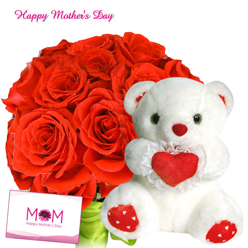 Love Gift - 12 Red Roses, Heart Soft Toy 8" and Card