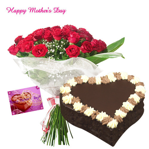 Make Her Smile - Bouquet of 15 Red Roses, Chocolate Heart Cake 1 kg and Card