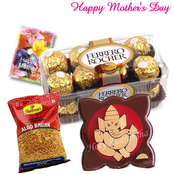 Mothers Day Treat - Ferrero Rocher 16pcs, Ganesha on wooden slab, Haldiram Namkeen 1 pack and Card
