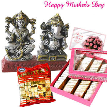 Surprise for Mom - Laxmi-Ganesha Idol, Kaju Katli 500 gms, Kreitens Chocolates and Card