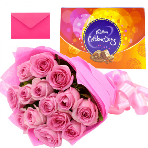 Honey Mom - 15 Pink Roses, Cadbury Celebration and Card