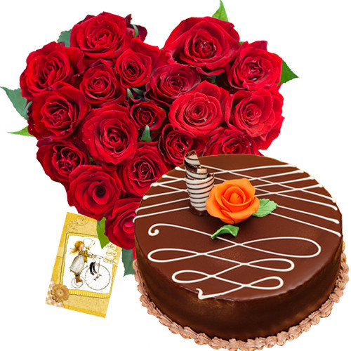 Mom for u - 30 Red Roses Heart, Chocolate Cake 1 kg and Card