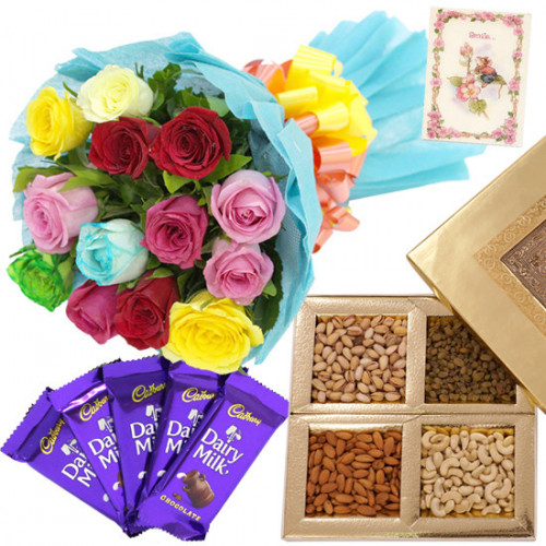 Dry Fruits Delight - 12 Mix Roses in Bunch, 200 gms Assorted Dryfruit, 5 Dairy Milk and Card