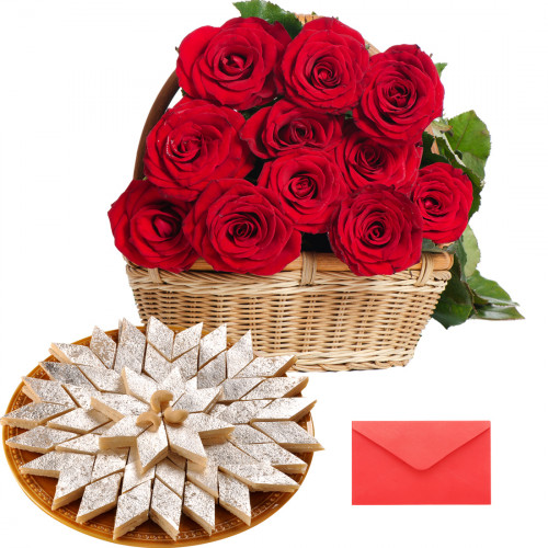 Thank You Mom - 15 Red Roses Basket, 250 gm Kaju Katli and Card