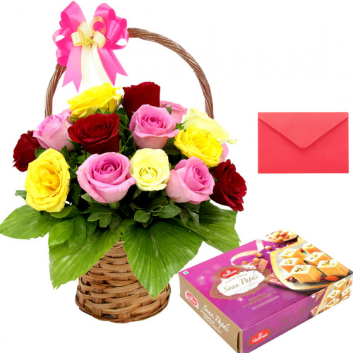 Miraculous - Basket 15 Mix Roses + Soan Papdi Box 250 Gms + Card