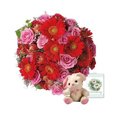 Cute Bouquet - 15 Pink Roses & 15 Red Gerberas Bouquet + Teddy 6" + Card
