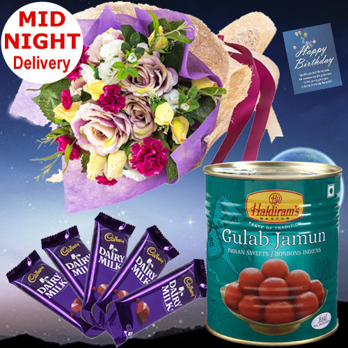 Sweet Seasonal Choco - 15 Seasonal Flowers Bunch, Gulab Jamun 500 gms, 5 Dairy Milk 14 gms each & Card