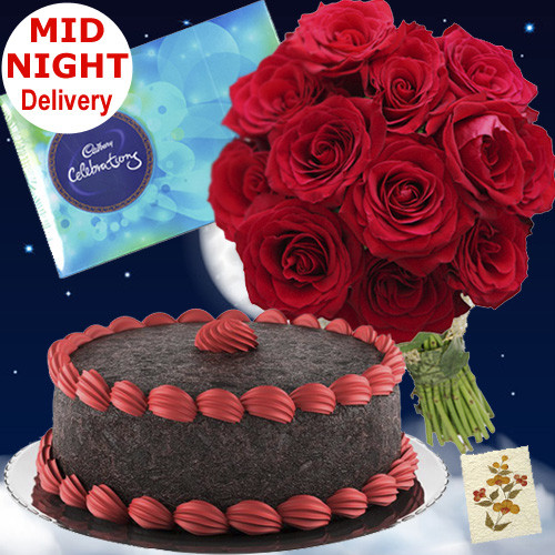 Tender Love - 12 Red Roses Bunch, 1/2 Kg Chocolate Cake, Cadbury Celebration + Card