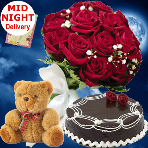 Regards of Joy - 10 Red Roses Bunch, 1/2 Kg Chocolate Cake, Teddy Bear 6 inch + Card