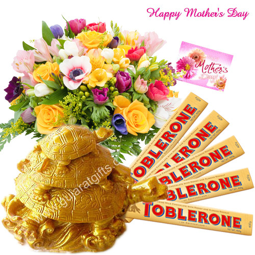 Mom's Special - 35 Assorted Flowers in Basket, Triple Tortoise, 5 Toblerone 100 gms each and Card