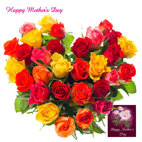 Colorful Arrangement - Heart Shaped Arrangement of 50 Multicolor Roses and Card