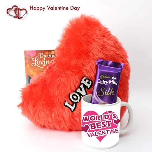 Milky Pillow Silk - Heart Pillow, World's Best Valentine Personalized Mug, Dairy Milk Silk and Card