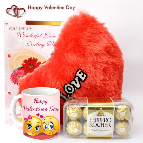 Crunchy Heart - Heart Pillow, Happy Valentines Day Personalized Mug, Ferrero Rocher 16 Pcs and Card