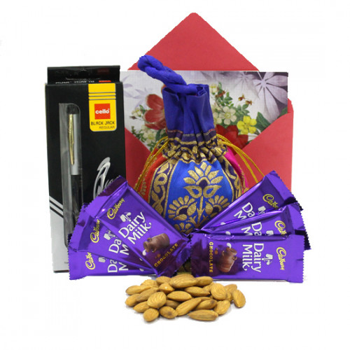 Best of Luck - 6 Dairy Milk, Almond in Potli (D), Cello Pen and Card