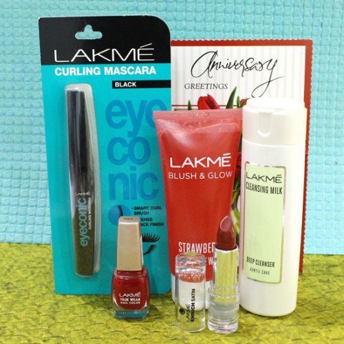 Lakme Beauty Hamper - Lakme Eyeconic Black Mascara, Lakme Face Wash, Lakme Nail Polish, Lakme Enrich Satin Lipstick, Lakme Cleansing Milk and Card