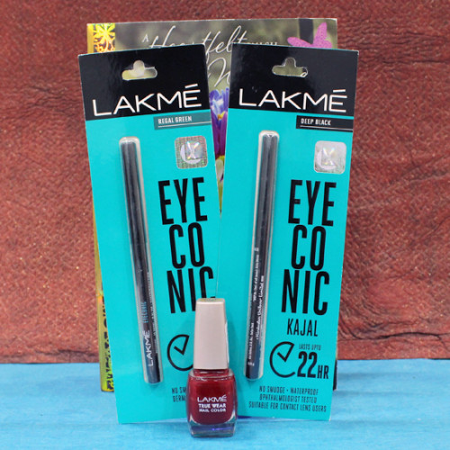 Lakme Elegant Combo - 2 Lakme Eyeconic Kajal, Lakme Nail Polish