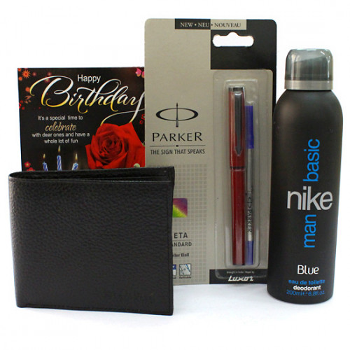 Nike N Parker - Nike Deo, Parker Beta Premium Roller Ball Pen, Leather Black Wallet and Card