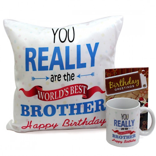Brother Special - Happy Birthday Personalized Photo Cushion, Happy Birthday Personalized Photo Mug and Card