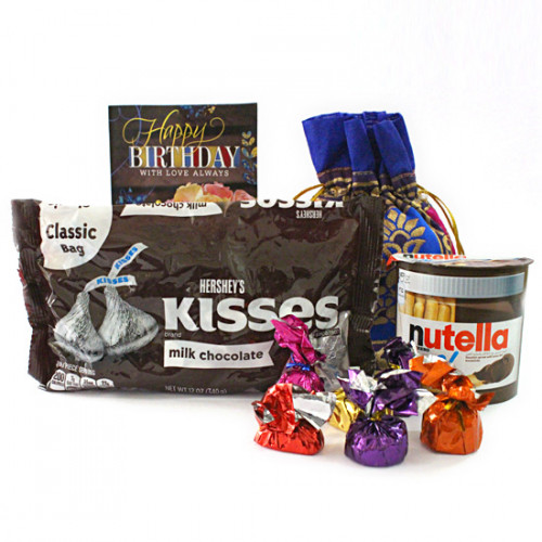 Attached Buddy - Hersheys Kisses Milk Chocolate, Nutella Ferrero and Go, Handmade Chocolates in Designer Potli, and Card