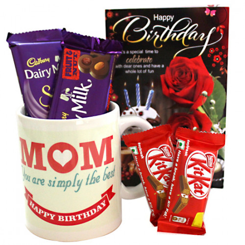 Mug For Mom - Happy Birthday Personalized Photo Mug, Dairy Milk Silk, Dairy Milk Fruit n Nut, 2 Kitkat and Card