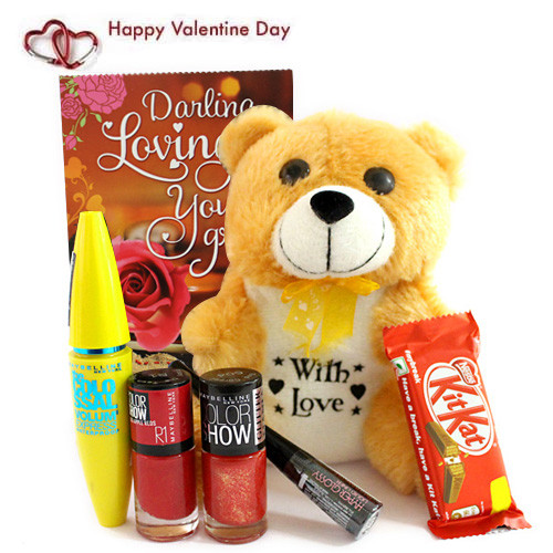Love For Love - Teddy 6 inches, Maybelline Mascara, Maybelline Liquid Liner, 2 Maybelline Nail Polishes, Kitkat and Card