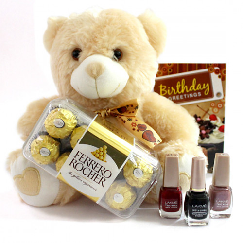 Dear Sis - Teddy 6 inches, 2 Lakme Nail Polishes, Lakme Liner, Ferrero Rochers 16 Pcs and Card