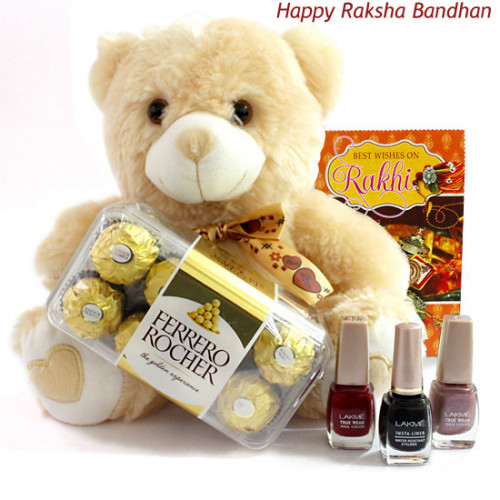 Crunch N Care - Teddy 6 inches, 2 Lakme Nail Polishes, Lakme Liner, Ferrero Rochers 16 Pcs