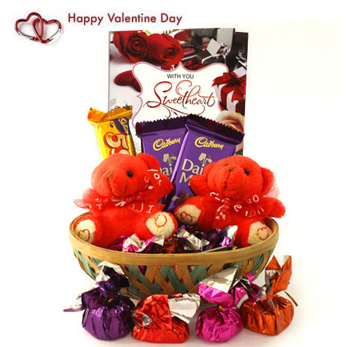 Lovely Bears - 2 Teddy Bears, 2 Dairy Milk, Five Star, Handmade Chocolates in Basket