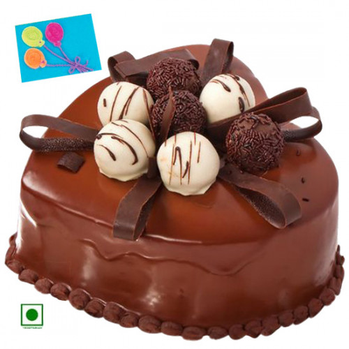 1.5 Kg Chocolate Cake Heart Shaped (Eggless) & Card