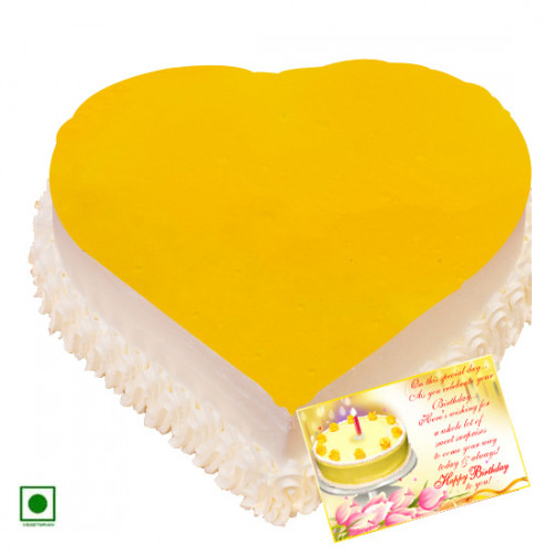 1 Kg Pineapple Cake Heart Shaped (Eggless) & Card