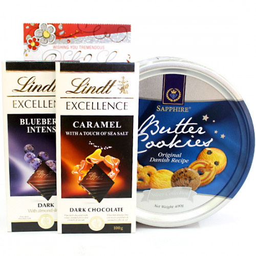 Excellent Chocolates - 2 Lindt Excellence Chocolates, Danish Butter Cookies and Card