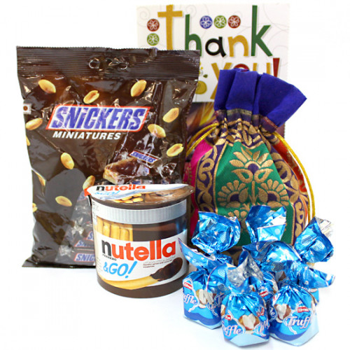 Mini Nutty Assortment - Snicker Mini 150 gms, Nutella & Go, Assorted Truffle Chocolates 100 gms in Potli and Card