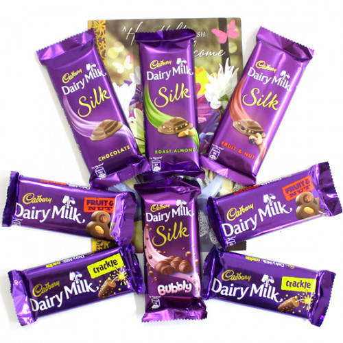 Bubbles of Love - Dairy Milk Bubbly, 3 Dairy Milk Silk, 2 Dairy Milk Fruit n Nut 38 gms, 2 Dairy Milk Crackle 38 gms and Card