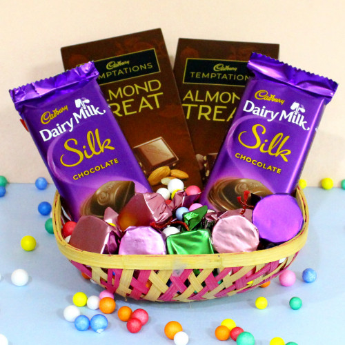 Tempting Silk Chocolaty Basket - 2 Temptations, 2 Dairy Milk Silk, Hand Made Chocolates 100 gms and Card