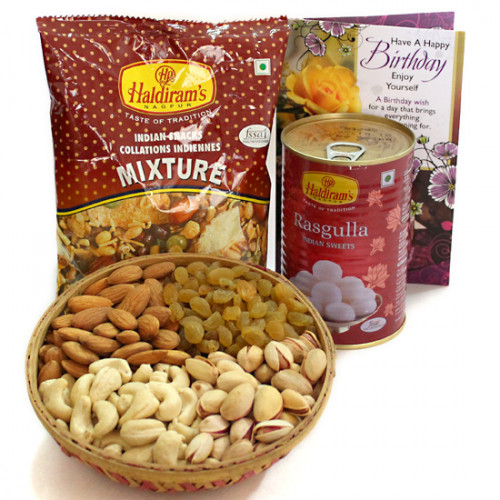 Sweet N Salty - Assorted Dryfruits in Basket, Rasgulla 500 gms Tin, Haldiram Namkeen and Card