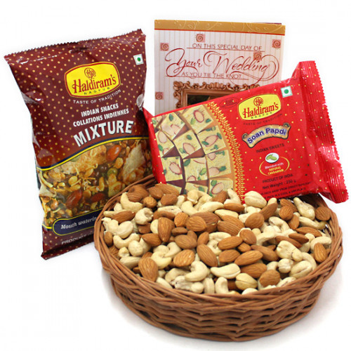 Salty Papdi - Cashewnuts & Almonds in Basket, Soan Papdi 250 gms, Haldiram Namkeen and Card