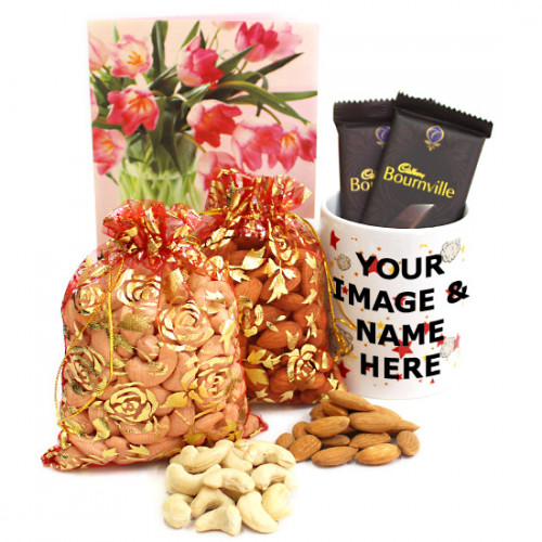 Congenial Combo - Cashewnuts in Potli, Almonds in Potli, 2 Bournville, Personalised Mug and Card