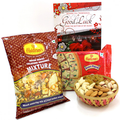 Delectable Gift - Assorted Dryfruits in Basket, Soan Papdi 250 gms, Haldiram Namkeen and Card