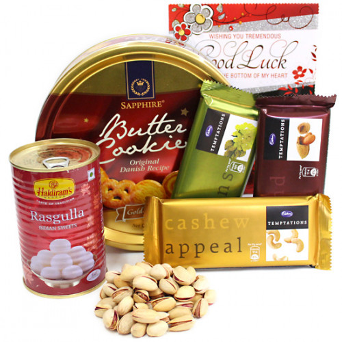 Selfless Concern - Pistachio, Rasgulla 500 gms Tin, Dansk Butter Cookies, 3 Temptation and Card