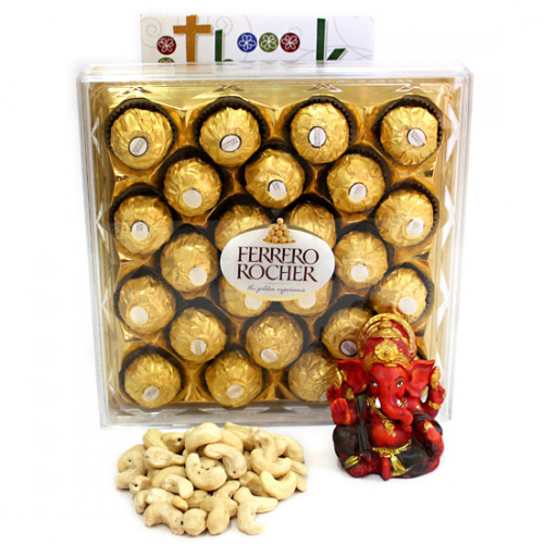 Great Kindness - Cashewnuts, Ferrero Rocher 24 Pcs, Red Ganesha Idol and Card
