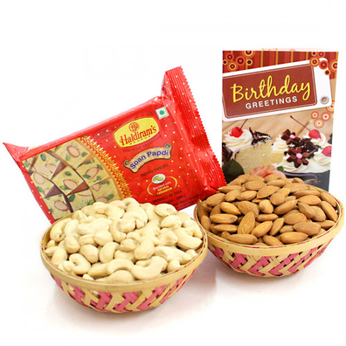 Tasteful Greetings - Almonds in Basket, Cashews in Basket, Soan Papdi 250 gms and Card