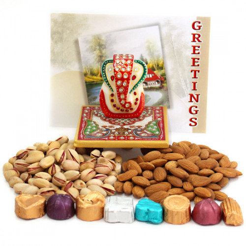 Dainty Treat - Almond and Pistachio, Handmade Chocolates, Marble Ganesha on Chawki and Card