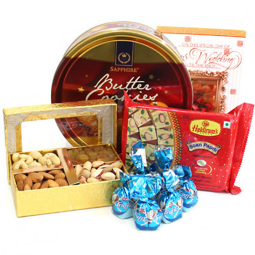 Tibit Combo - Assorted Dryfruits, Soan Papdi 250 gms, Danish Butter Cookies, Truffle Chocolate and Card