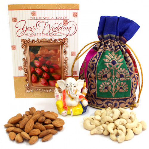 Divine Potli - Almonds & Cashews in Potli (D), Decorative Ganesh Idol and Card