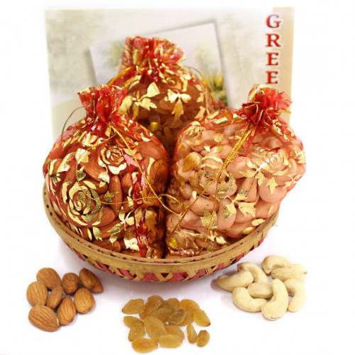 Basket of Potlis - Almonds in Potli, Cashewnuts in Potli & Raisins in Potli with Basket and Card