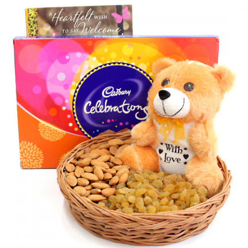 Celebrationg Joy - Almond Raisins in Basket, Cadbury Celebrations, Teddy 6 inch and Card